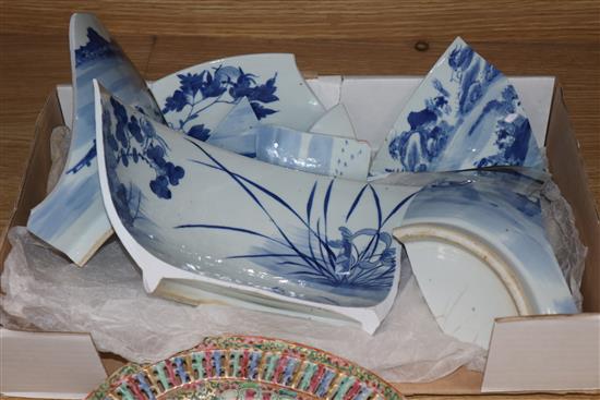 A Chinese famille rose basket and stand and a blue and white bowl, both a.f.